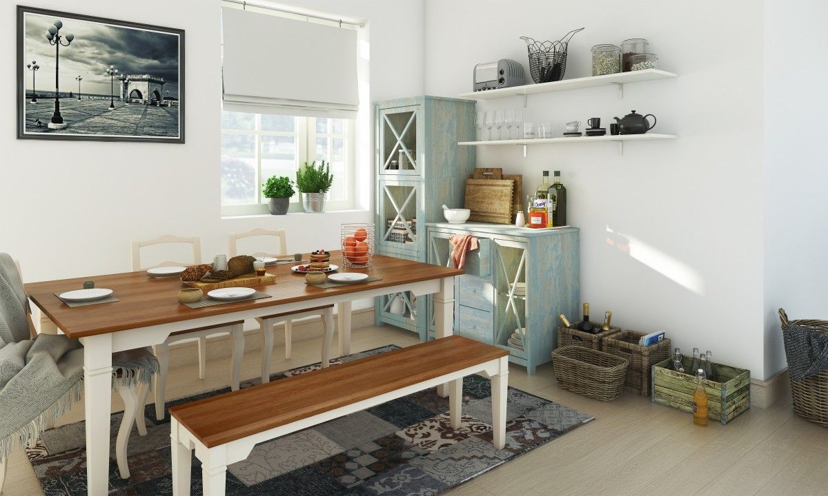 Country style dining room with two toned bench and dining table