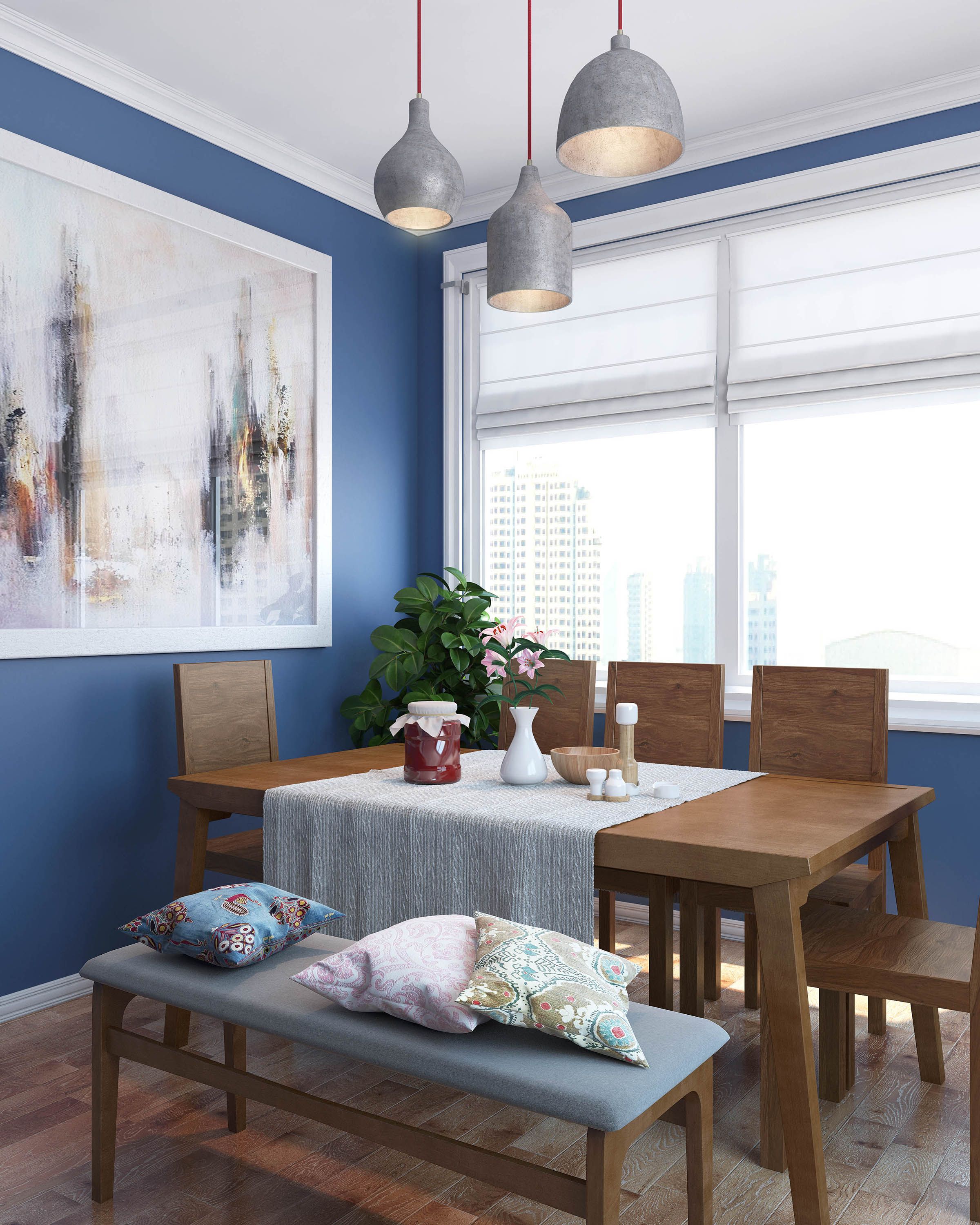 Scandinavian style dining room featuring a sleek upholstered bench