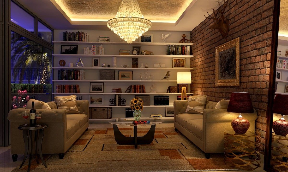 living room layout with large display shelf