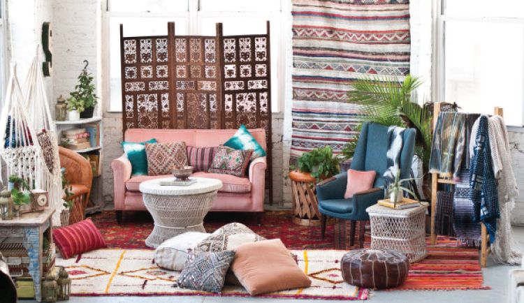 Multiple Moroccan rugs used for decor