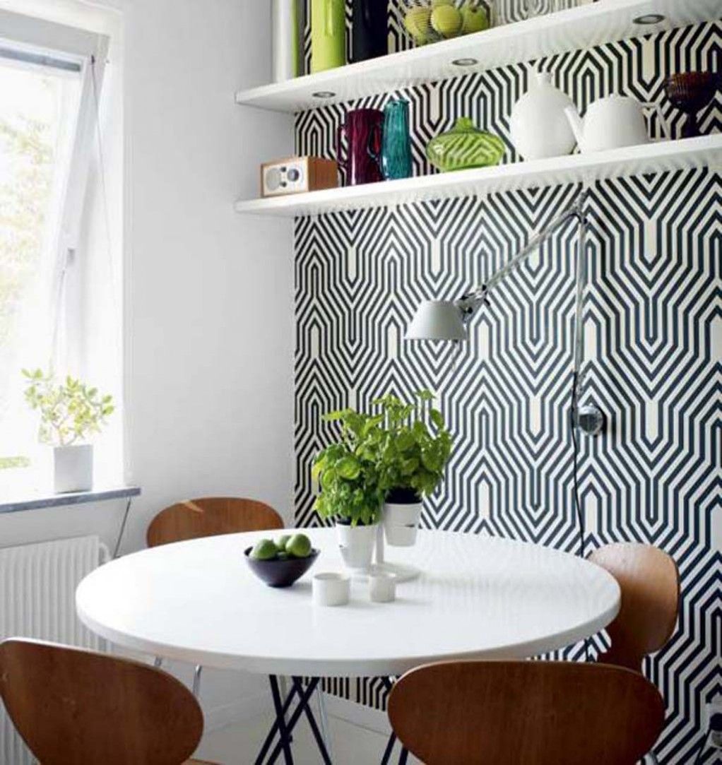 Room with geometric wallpaper