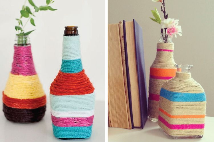 Rustic yarn wrapped bottles