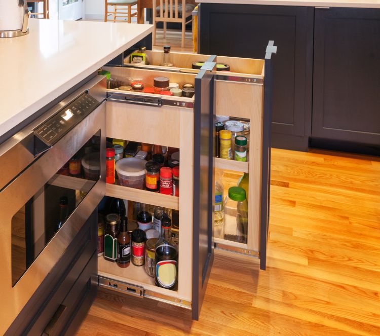 vertical drawers are a good spice storage solution in small kitchens and pantries