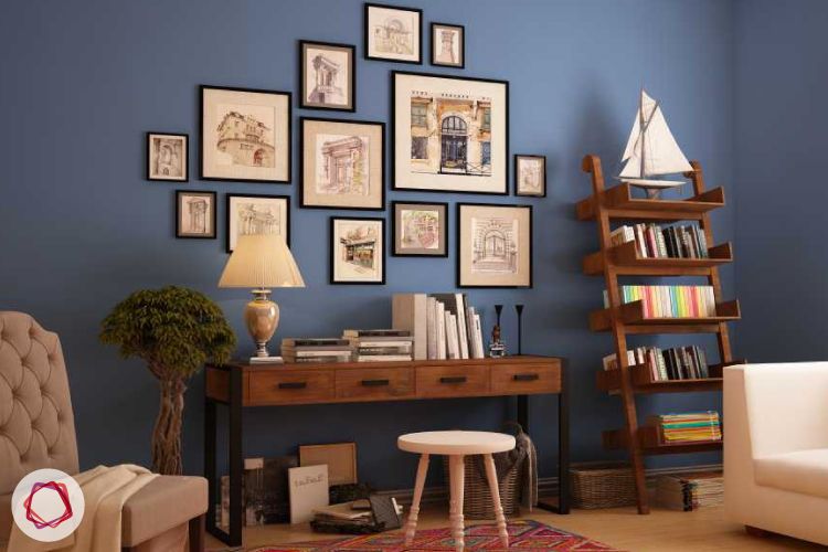 A compact and cozy home library with ladder bookshelf.