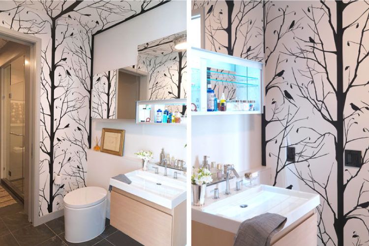 Use a patterned wallpaper to make your bathroom interesting. Bathroom decorating tips_use interesting patterns
