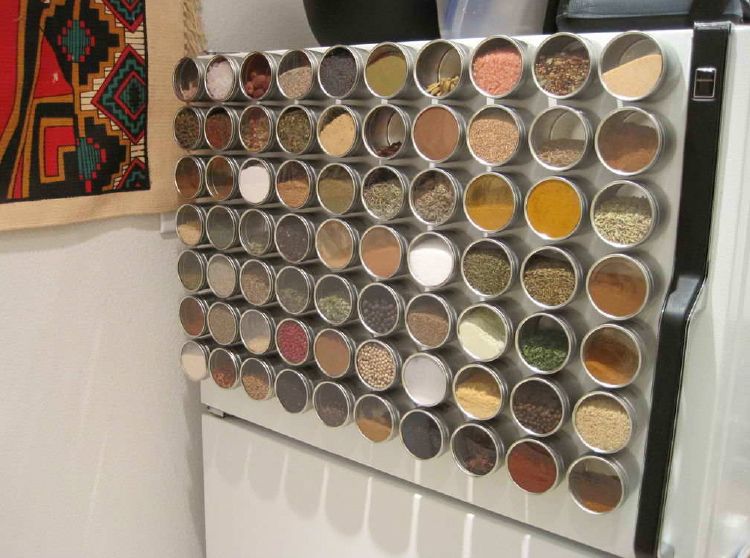 Vertical storage on the fridge to organize spices