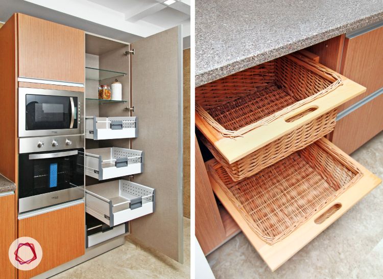 Delhi kitchen interior design - wicker drawer baskets and tall untits
