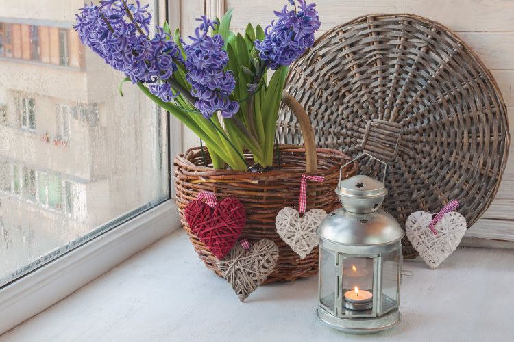 Spiritual home balcony decor with heather flowers, candlelight