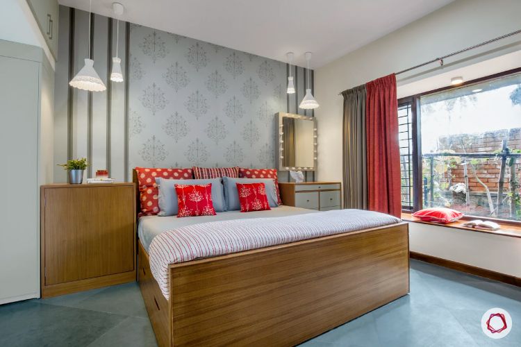 bedroom interiors-red and grey-pendant lights-grey wallpaper