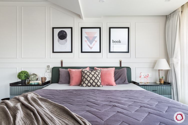 bedroom design-bed-headboard-lamp-pink-pillows