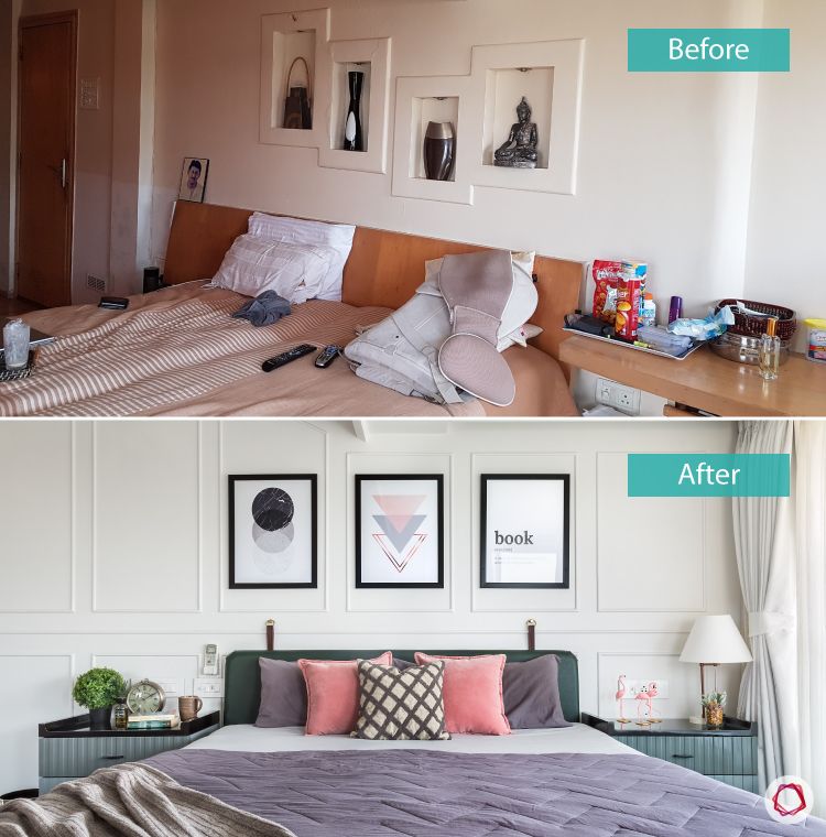 bedroom design-before-after-headboard-side-tables-photo-frames