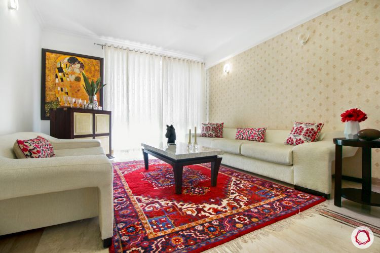 Carpet designs for drawing room-red carpet-cream furniture