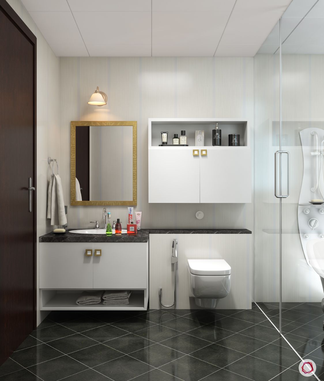 rectangle-mirror-light-storage-cabinet-sink-black-countertop-toilet