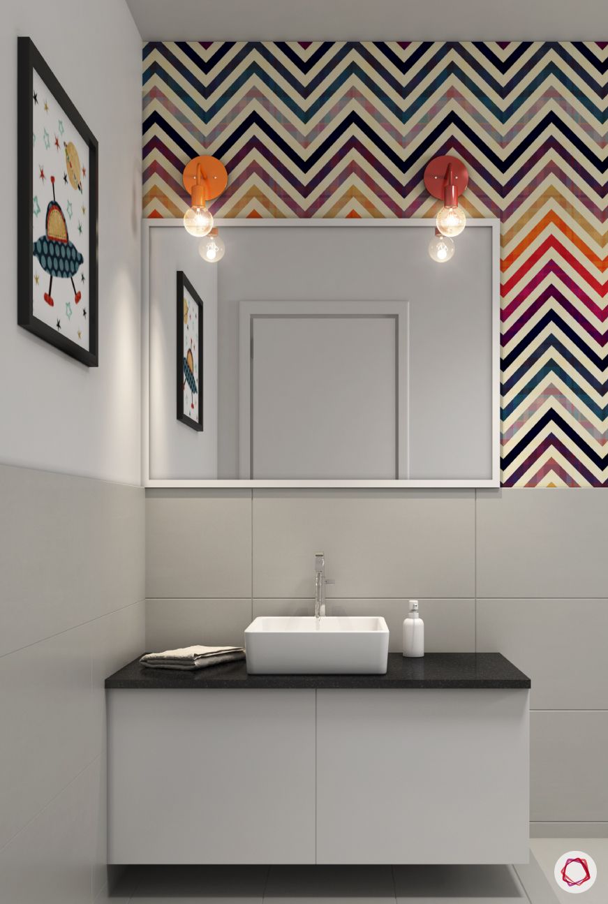 Bathroom-playful-patterned-tiles-light-artsy-white-storage-cabinet