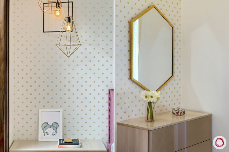 best interior design-drop lights-hexagonal mirror-gold polka dotted wallpaper