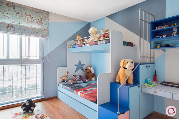 blinds-kids-room-animal-motif-study-toys-stairs-bed-display
