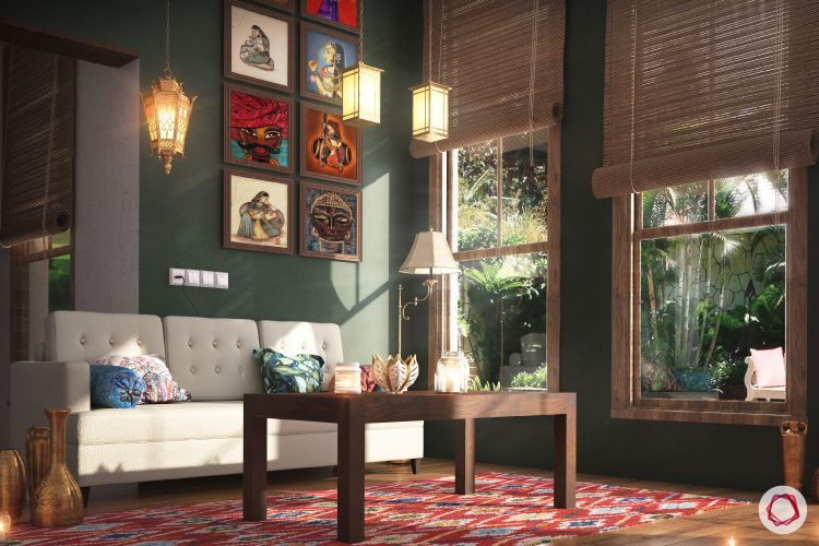 blinds-living-room-jute-wooden-table-white-sofa-tribal-rug-green-wall
