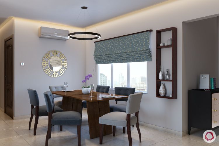 blinds-dining-room-folding-blinds-blue-shelf-false-ceiling