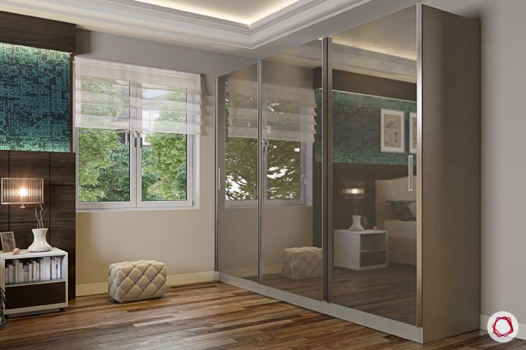 blinds-bedroom-sheer-white-pouf-wardrobe-wooden-flooring
