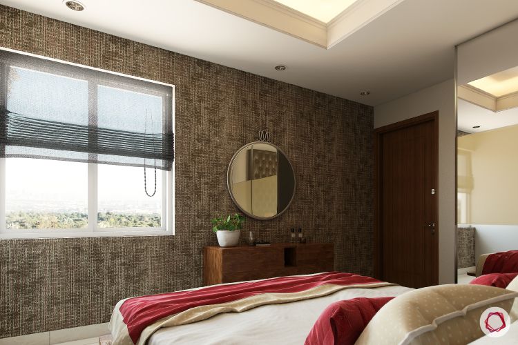 blinds-sheer-textured-wall-round-mirror-bed
