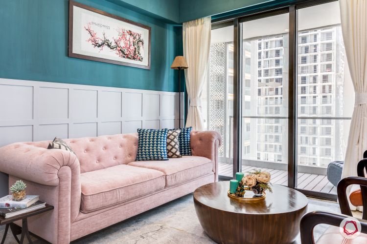 pink sofa designs-blue wall ideas