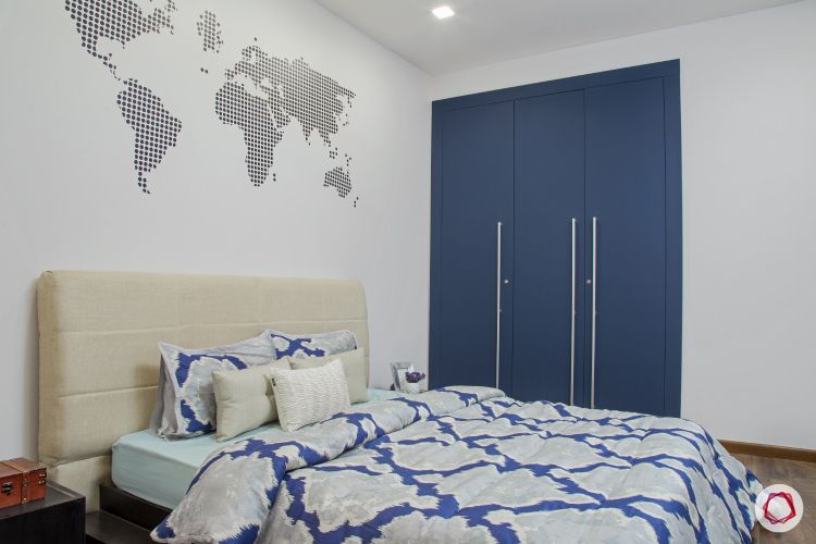 New house design-scandinavian bedroom-headboard-world map-wardrobe