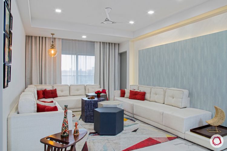 New house design-contemporary living room-hexagonal coffee tables-white sofas-pendant light