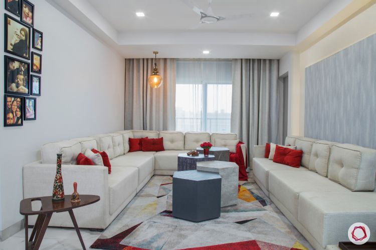 New house design-contemporary living room-hexagonal coffee tables-white sofas-pendant light