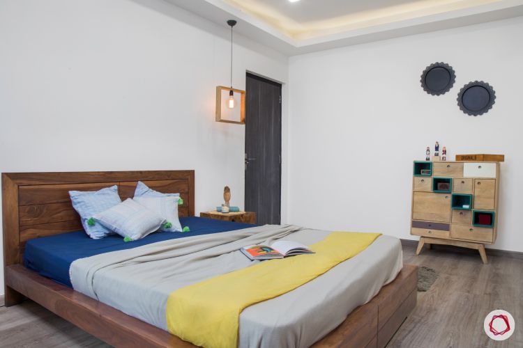 New house design-blue and yellow bedroom-edison bulb-side table