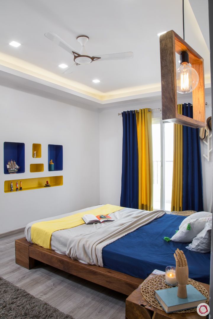 New house design-blue and yellow bedroom-edison bulb-side table-wall niches