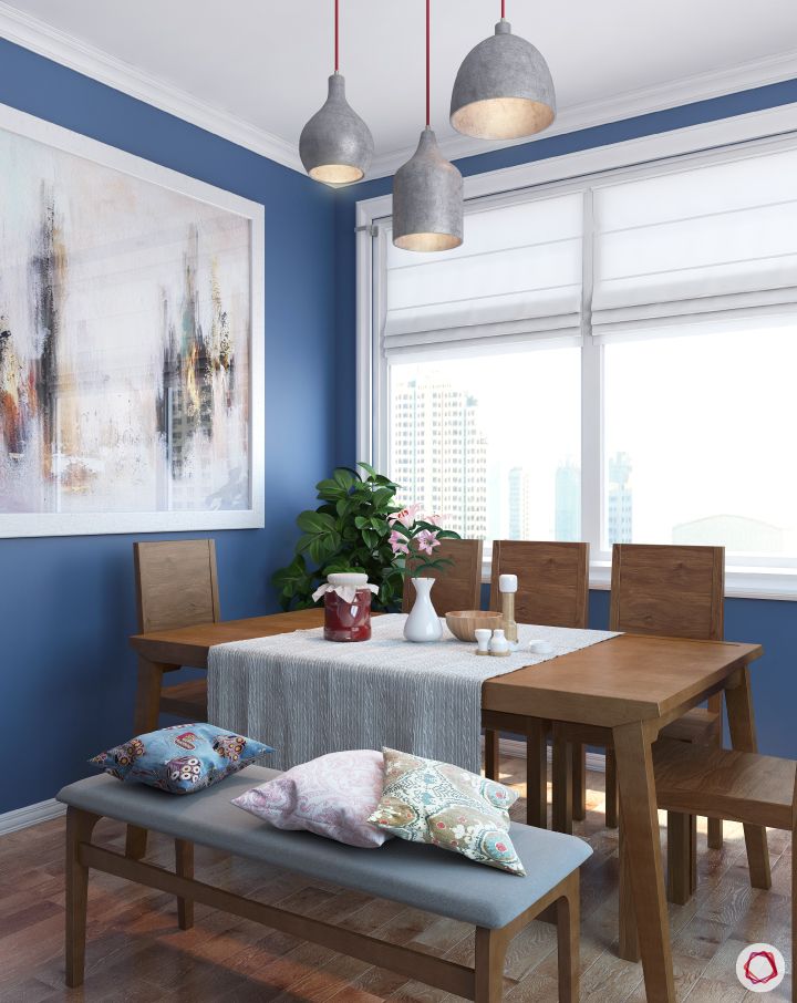 Alia Bhatt-dining room-wooden table-wooden chair bench-blue wall