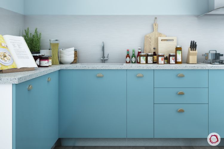 Alia Bhatt-Kitchen-baby blue pastel kitchen-granite countertop-blue cabinets