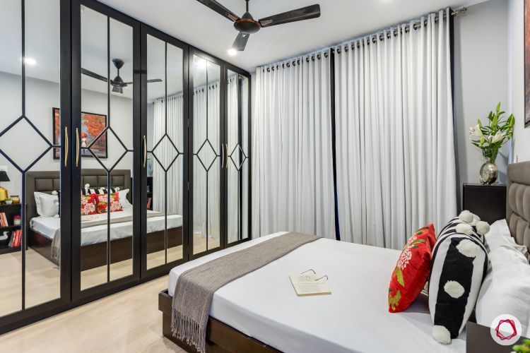 Alia Bhatt-bedroom-wardrobe with mirrors-wooden bed-grey headboard
