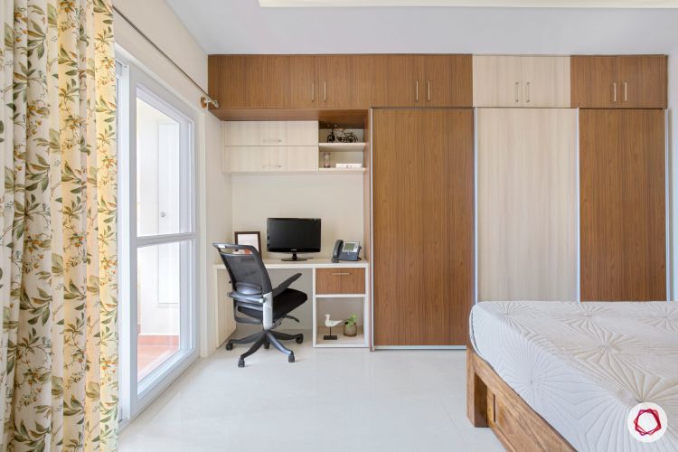 interior wardrobes in master bedroom with veneer and acacia finish with a study