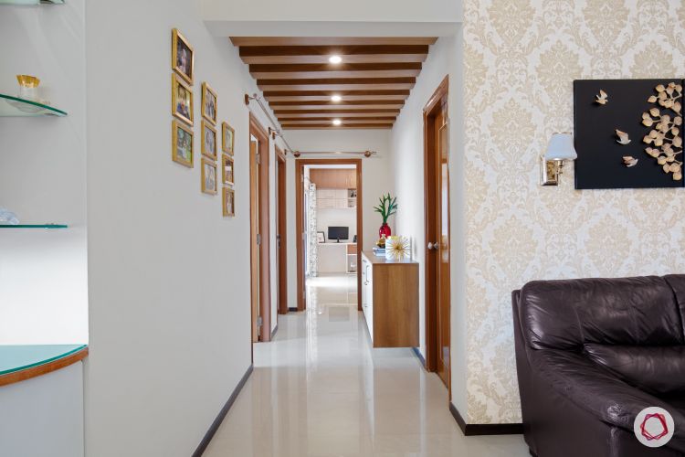 interior passage with wooden rafters concealing the router wires