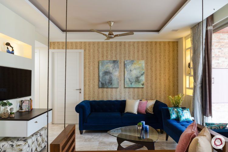 brown wallpaper designs-blue sofa designs