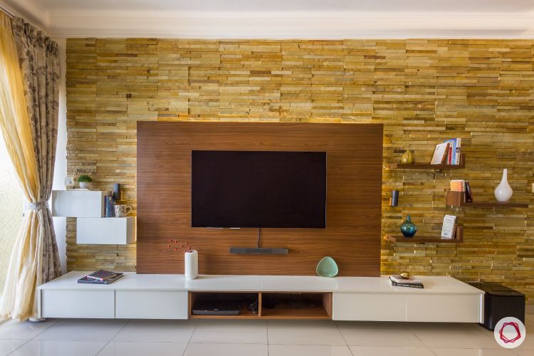 2bhk house plan  TV stone clad wall