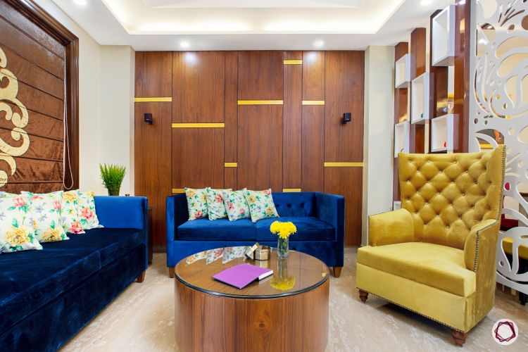 3BHK plan living room wooden wall