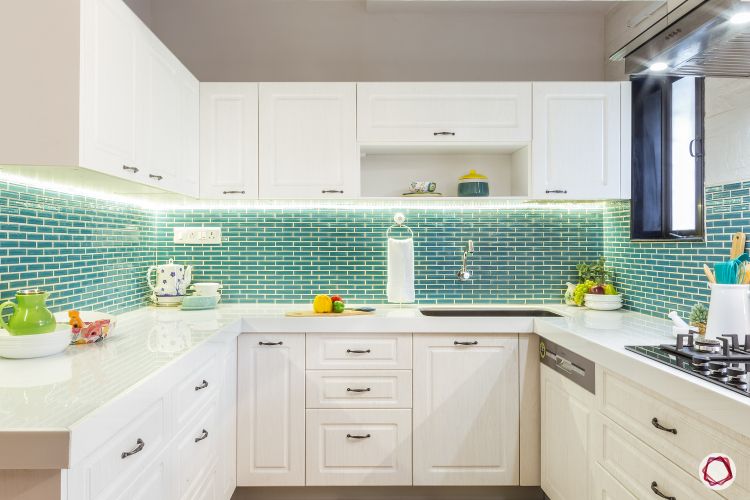 kitchen interior-overview-green backsplash-lighting