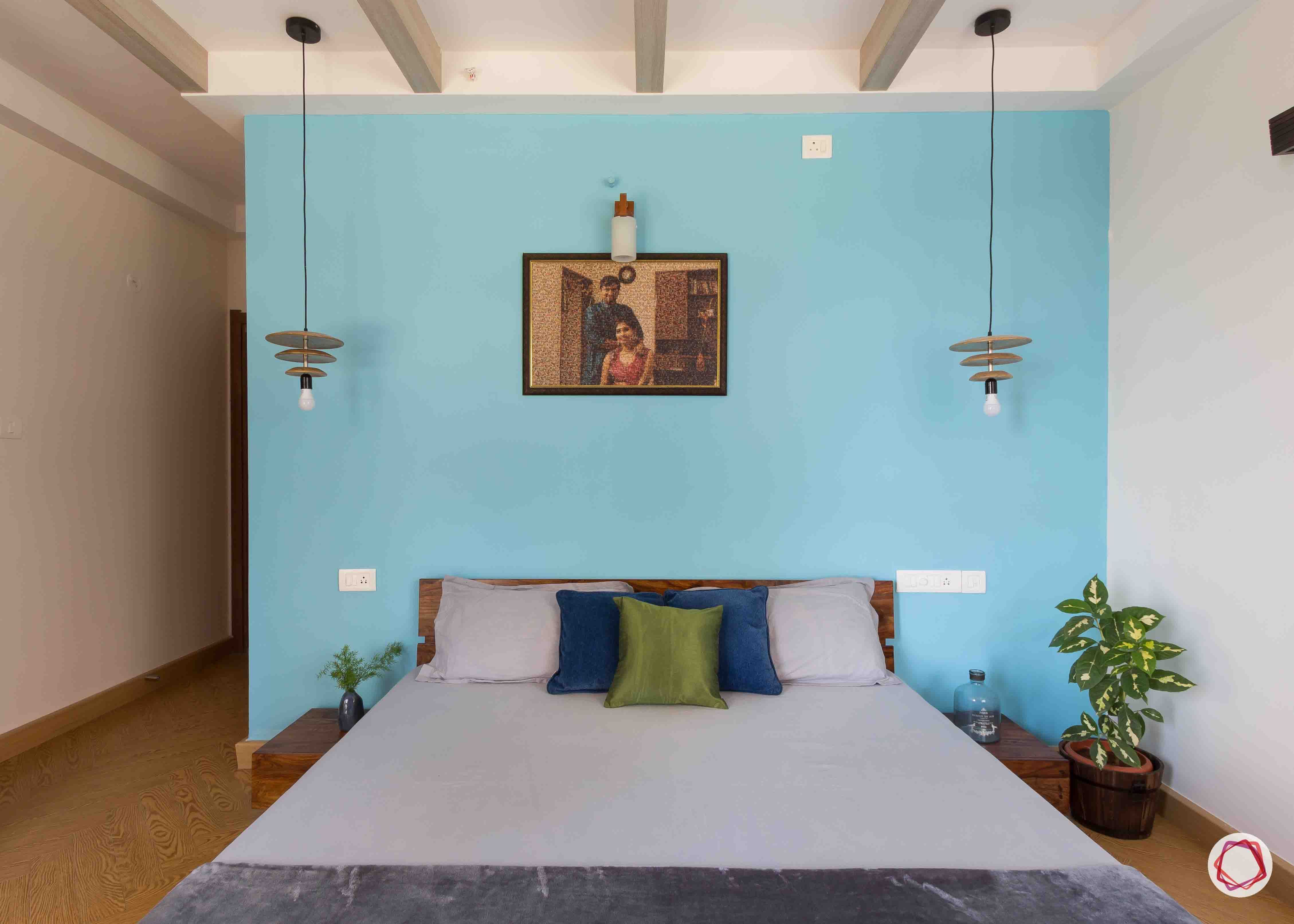 master bedroom-blue-wall-pendant-light-plant