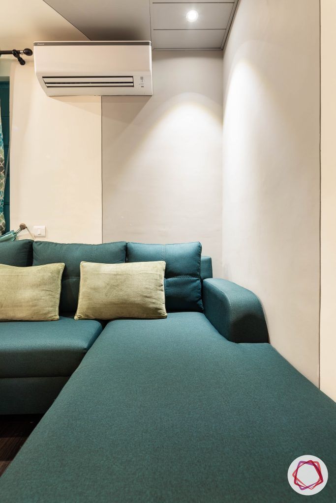 duplex house design teal L shape sofa