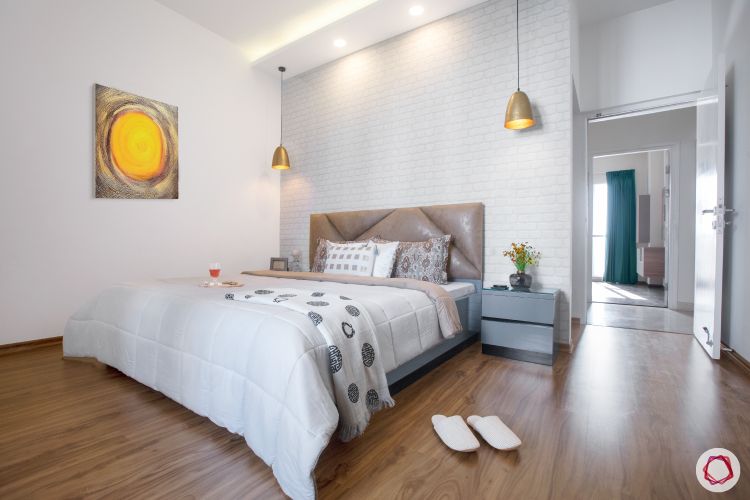 wall paint colours-spacious bedroom-white interiors-wooden flooring
