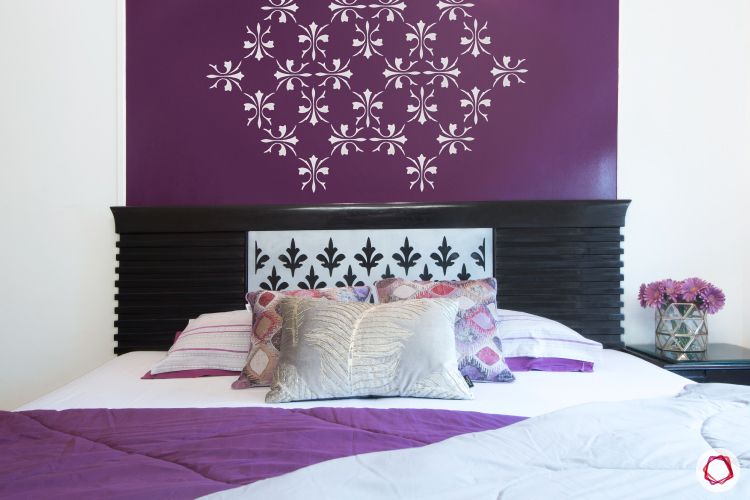 wall paint colours-bedroom-wooden bed-purple pattern wall