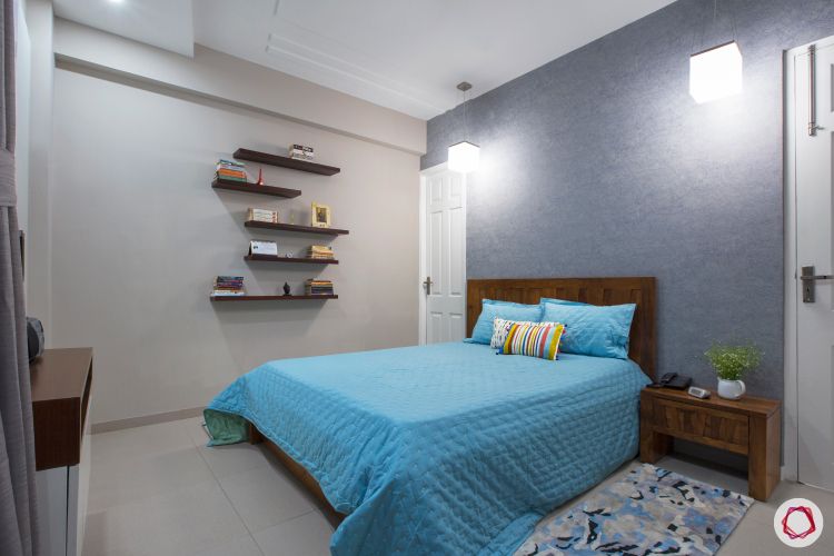 wall paint colours-blue grey bedroom wall-wooden bed-indian home