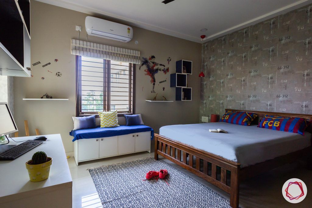vastu for kids room-brown wallpaper-wooden bed-window seating-cabinet