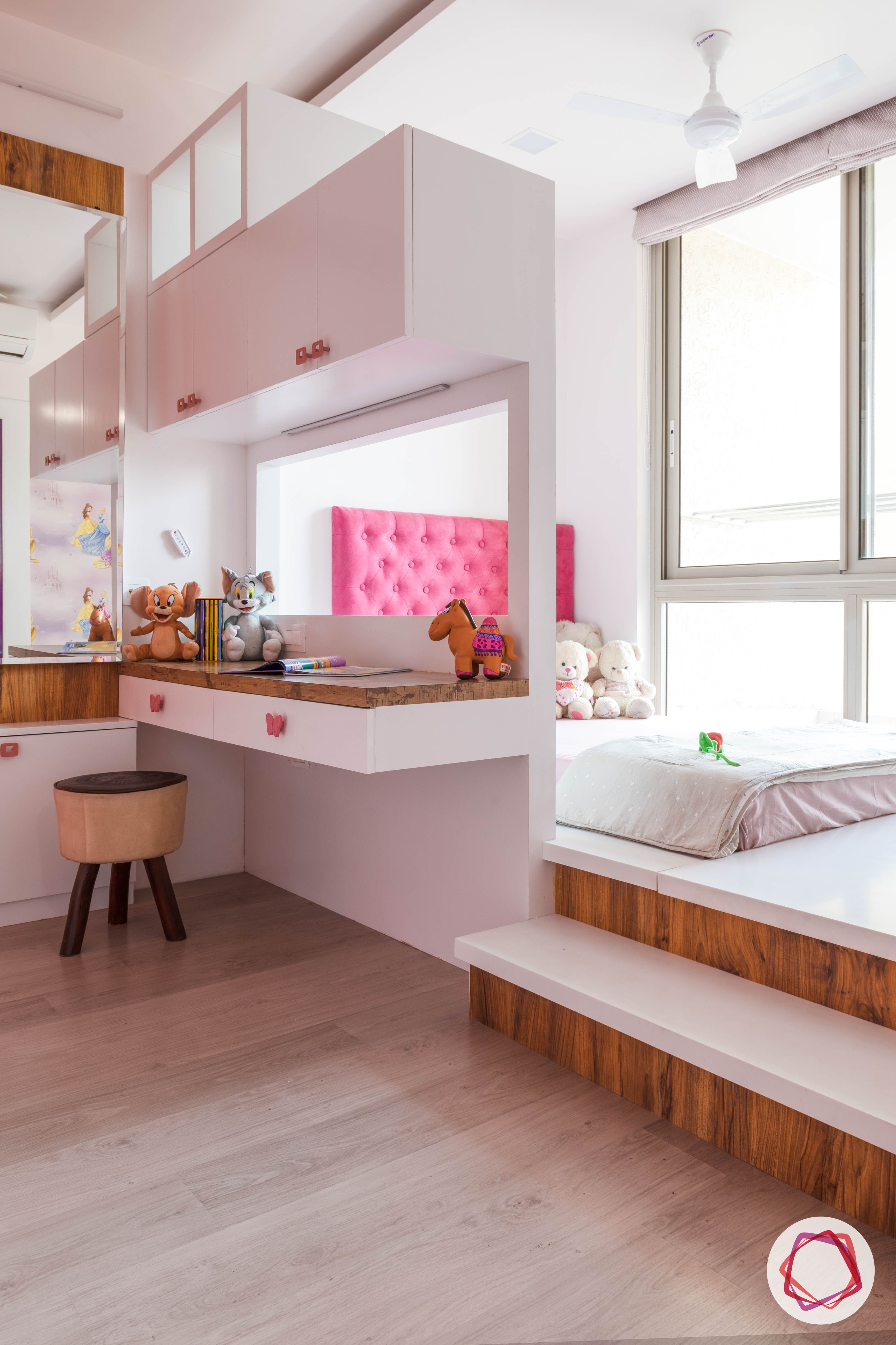 vastu for kids room-white-woodwork pink-bed wooden-flooring