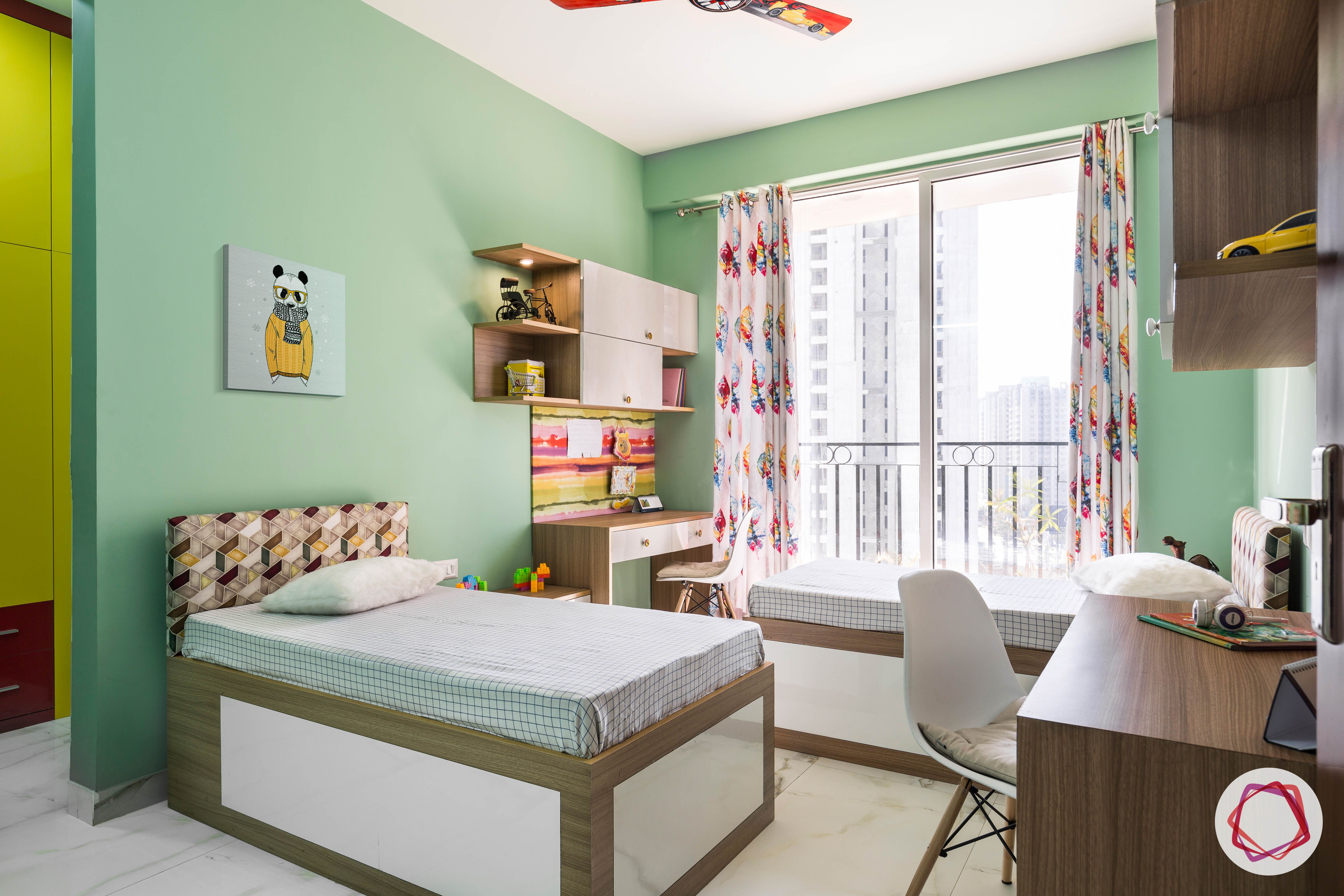 vastu for kids room-green-wall-paint twin-beds twin-study-tables