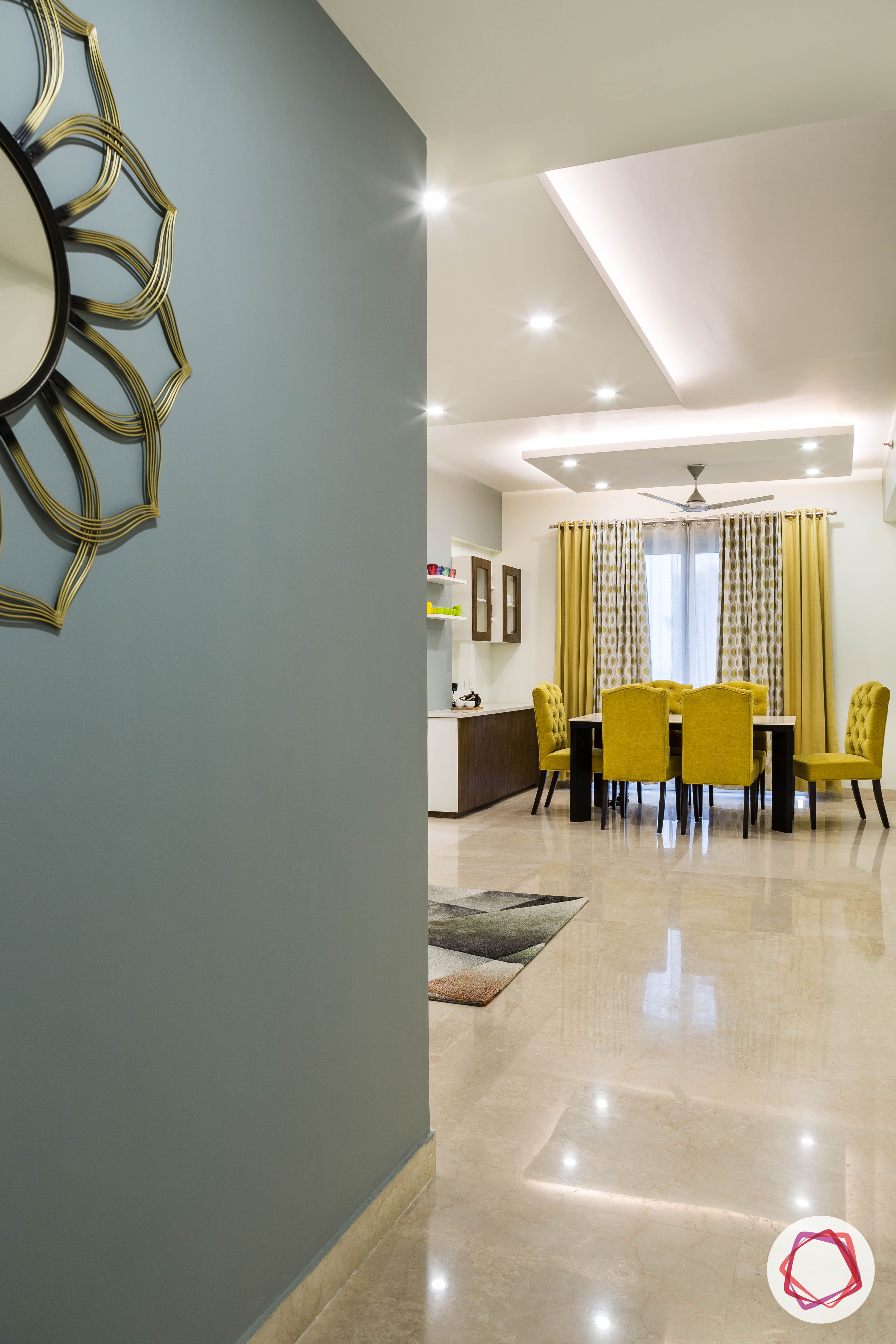 flat interior design-foyer-entrance-modern-blue wallpaper-gold accent-vitrified tiles
