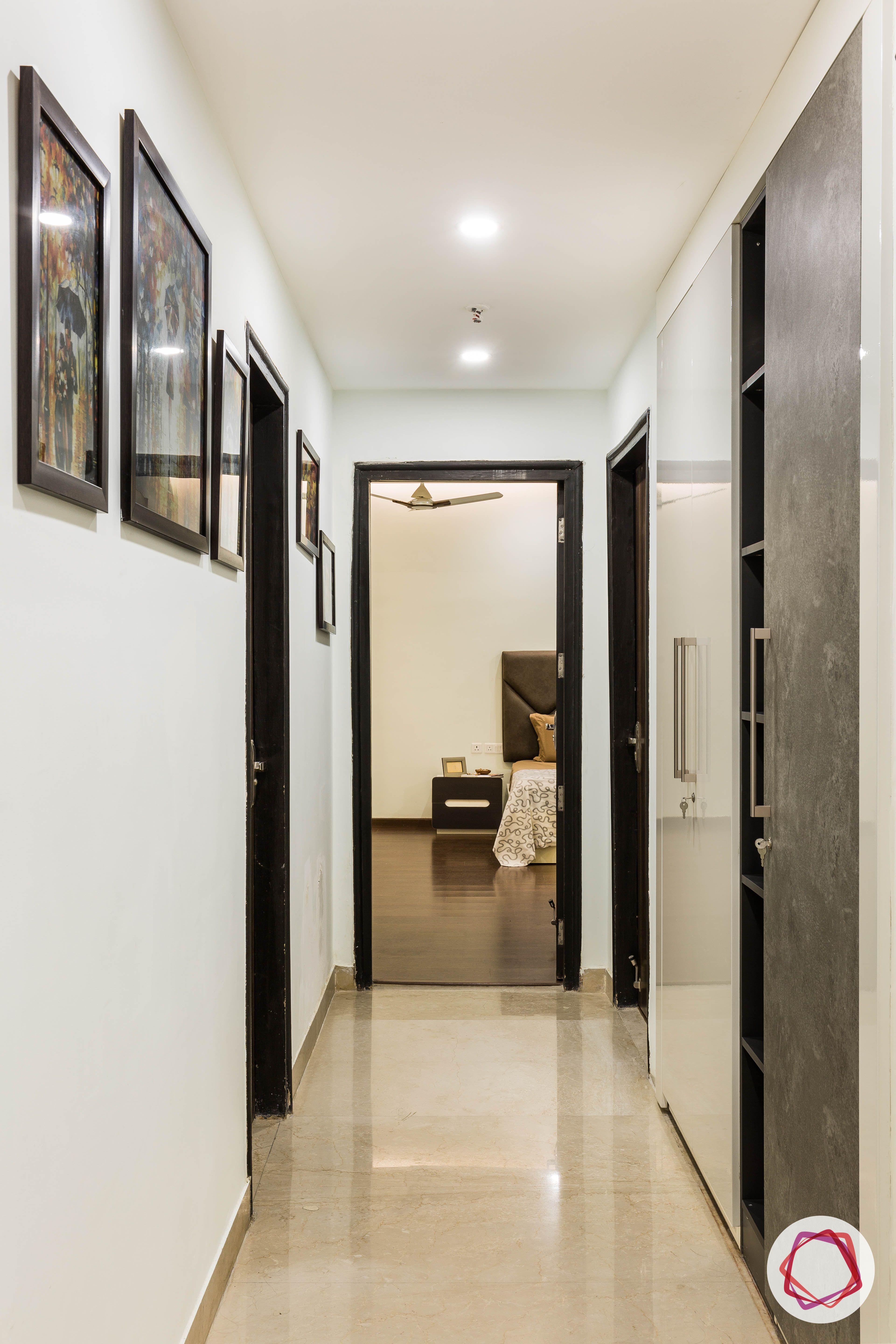 flat interior design-passage to bedrooms-wardrobe-open shelves-stone finish-white membrane
