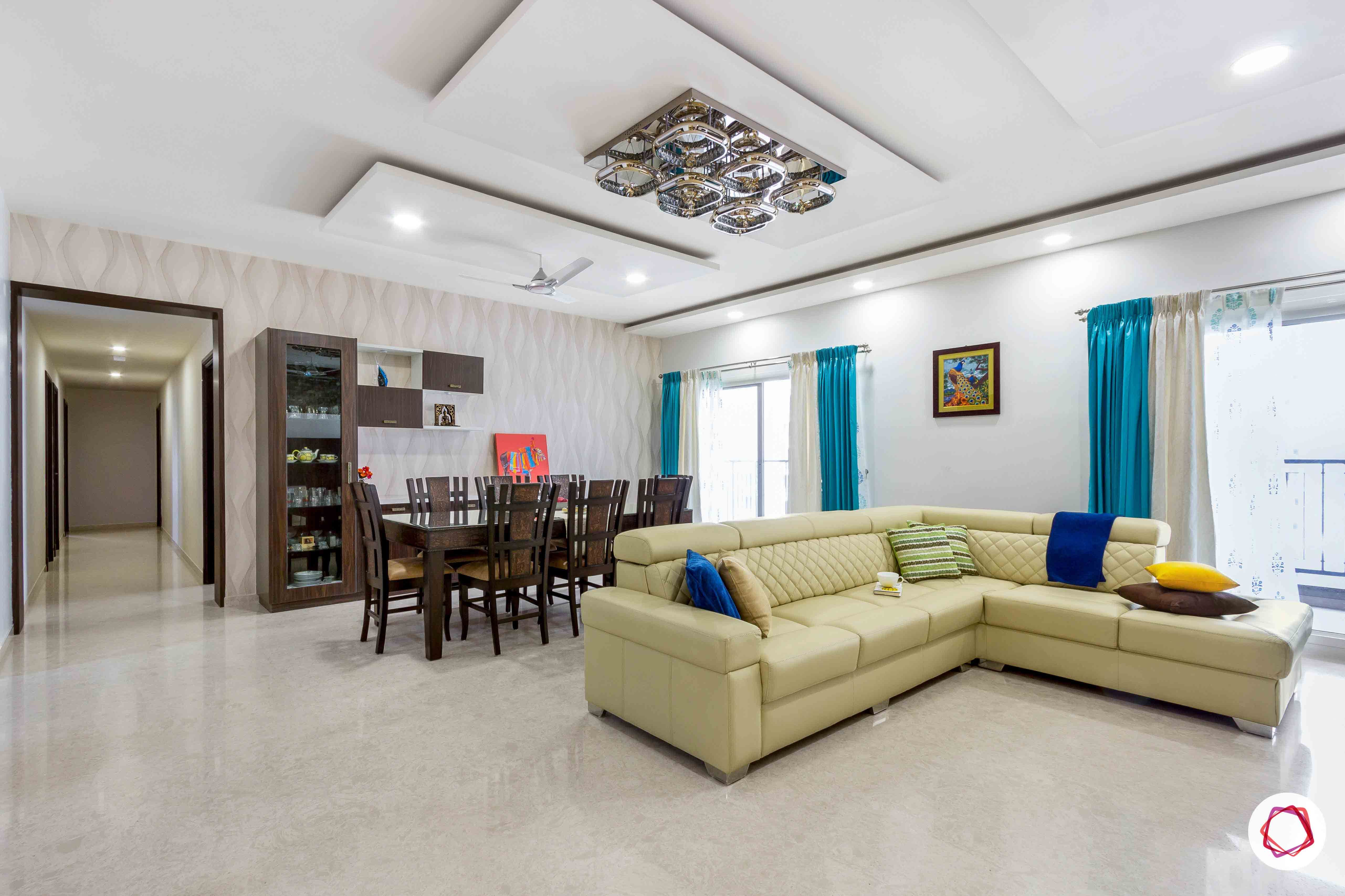 sobha forest view-living room-dining room-false ceiling-chandelier